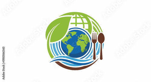 Global food sustainability concept with planet, leaves, waves, fork, spoon