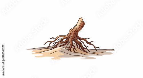 Stylized depiction of an exposed tree trunk base with spreading roots in sand