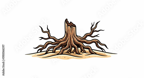 An artistic illustration of a dead tree stump with visible roots protruding outwards