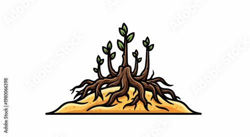 Stylized illustration of a tree's exposed roots and sprouting green leaves