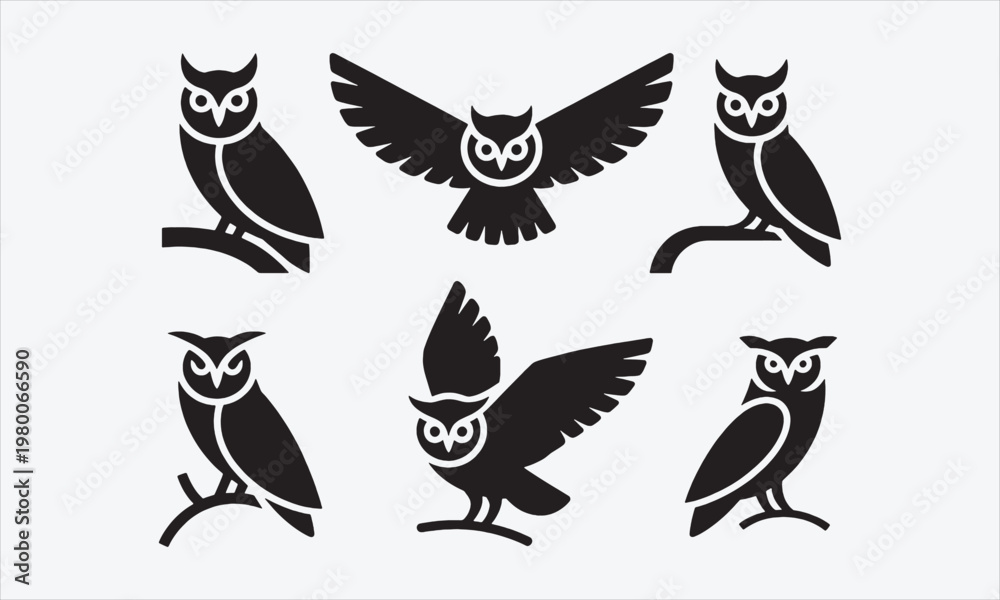 Fototapeta premium Owl Silhouette Vector Set Nocturnal Bird Icons Collection