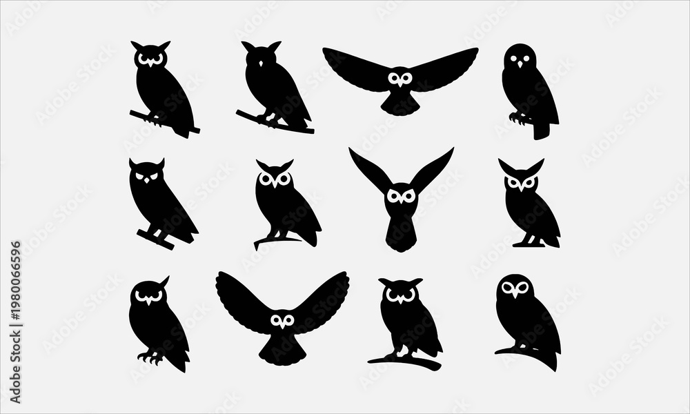 Fototapeta premium Owl Silhouette Vector Set Nocturnal Bird Icons Collection
