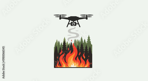 Drone monitors wildfire burning through forest trees, releasing smoke