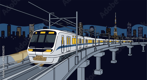 Modern train traveling on an elevated track at night with city skyline