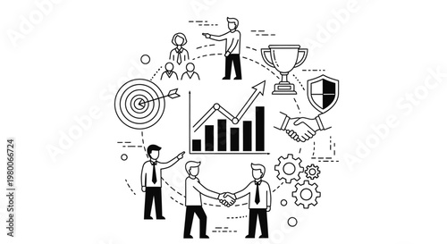 Businessmen shaking hands are surrounded by line art icons representing corporate growth, goal achievement, teamwork, professional success, financial targets, and strategic planning in this diagram.