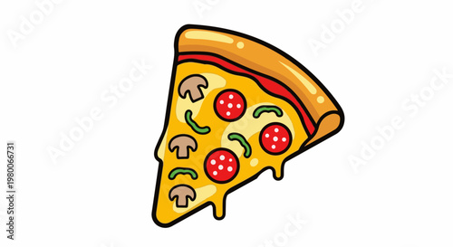 A cartoon slice of pizza with pepperoni, mushrooms, and green peppers