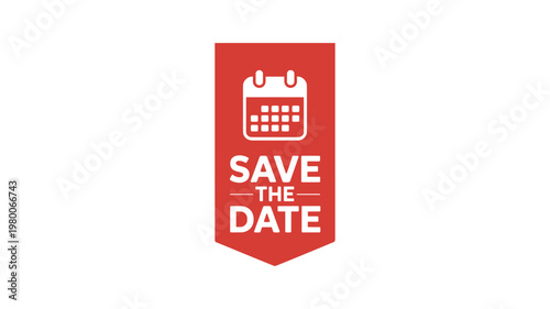 Red square sticker with calendar and save the date text in keywords white