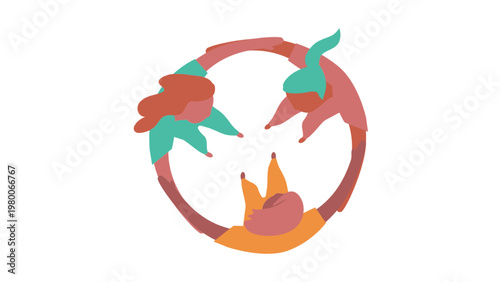 Three Women Standing in a Circle Holding Hands for Sisterhood and Unity Concept