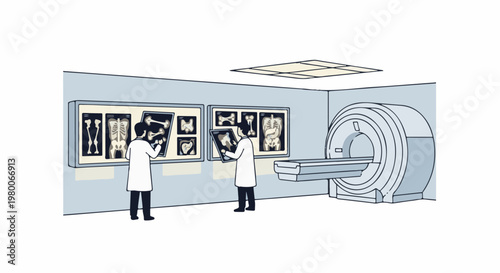 Two doctors examine medical scans in a room with an MRI machine