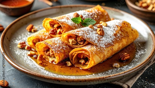 Delicious Crepes with Nuts and Sugar.