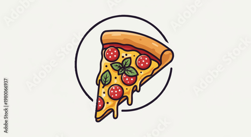 A slice of pepperoni pizza with basil is depicted within a circle