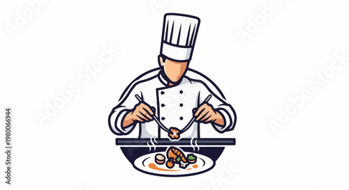 Chef preparing food with utensils, presented artistically