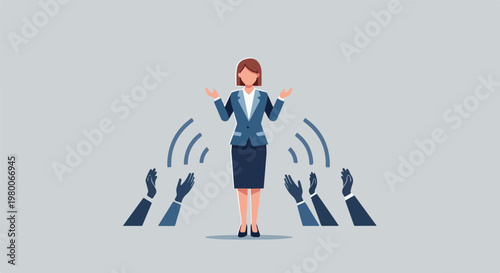 Businesswoman addresses crowd with open arms, receiving applause and signals