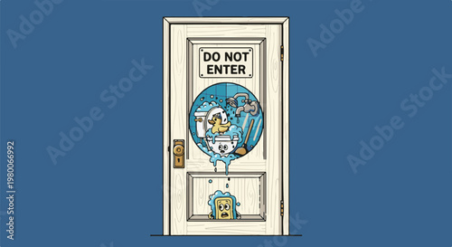 A cartoon bathroom door overflows with soapy water, a duck in a toilet, and a shocked face