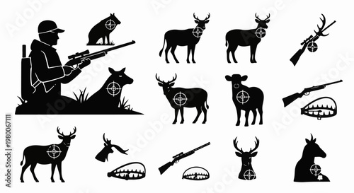 Silhouette hunter aiming at targets including deer, dog, cow, and rifle