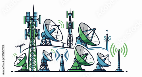 Diverse telecommunication towers and satellite dishes form a network
