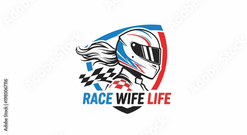 A racing helmet with flowing hair and checkered flags below