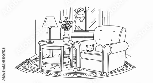 Cozy armchair with sleeping cat, side table, lamp, flowers, window, and rug