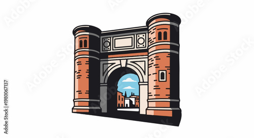 Stylized brick archway with ornate details and a view of buildings
