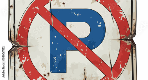A weathered "no parking" sign with a blue 'P' symbol and red diagonal strike