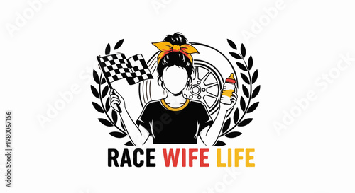Woman with baby bottle and racing flag in front of tire, race wife life
