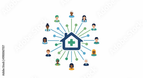 Diverse group of people connected to a central house with medical cross icon