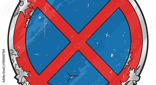 Damaged prohibition sign with red cross on blue background