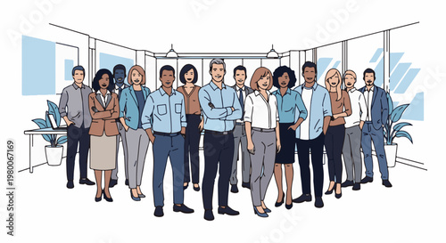 Diverse group of professionals posing in a modern office setting