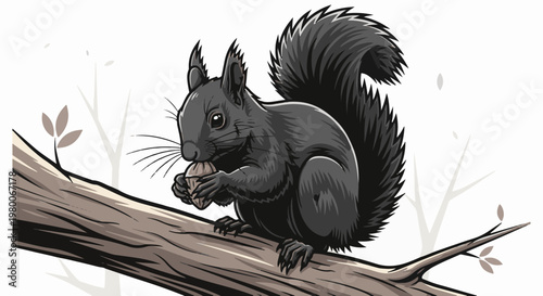 Black squirrel perched on a tree branch holding a nut