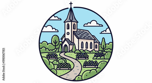 A charming church sits on a hill, surrounded by green trees and blooming bushes