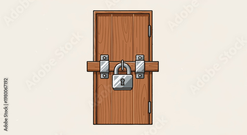 A closed wooden door with a metal padlock and a wooden bar