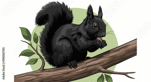 A black squirrel perched on a branch, nibbling a nut, with a pale green circle