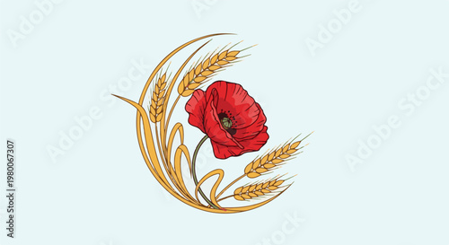 A striking red poppy blooms amidst golden wheat stalks in a stylized crescent