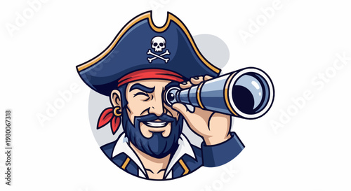 Cartoon pirate peering through a spyglass with a skull emblem