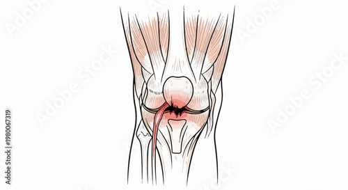 Anatomical illustration of a torn knee ligament with muscle detail