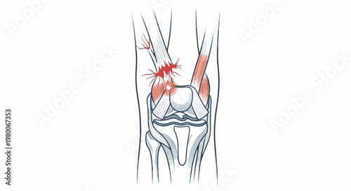 Anatomical illustration of a knee joint with inflammation and injury