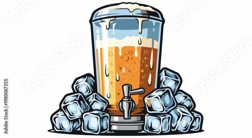 Tall glass dispenser filled with bubbly amber beverage and foamy top, surrounded by ice