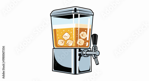 Clear dispenser filled with amber liquid and ice cubes, featuring a chrome tap