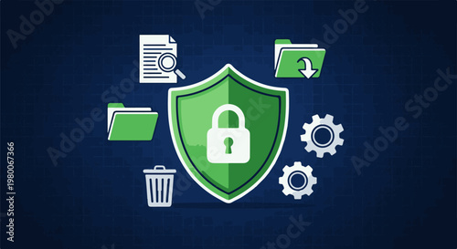Digital shield protects data with lock, gears, files, and trash icon