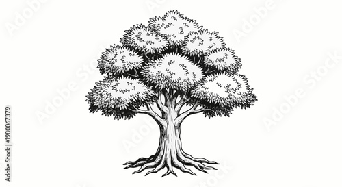 A detailed black and white illustration of a large, lush tree with visible roots