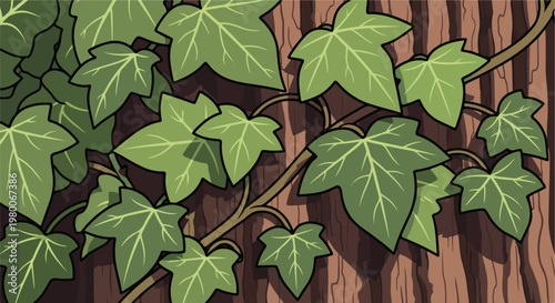 Green ivy leaves spread across a textured brown wooden surface, creating a natural pattern
