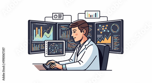 Scientist in lab coat analyzing data on multiple computer monitors