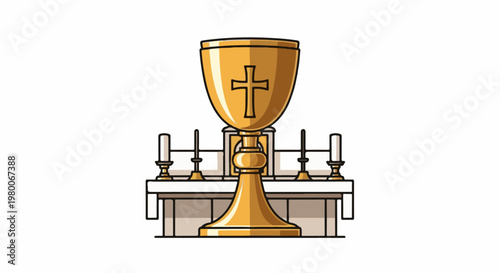 Golden chalice on altar with candles and cross symbol