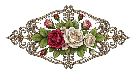 Ornate floral design with roses and leaves on elegant beige scrollwork frame transparent background
