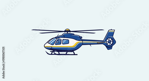 A blue and white helicopter with yellow accents flies against a light blue background