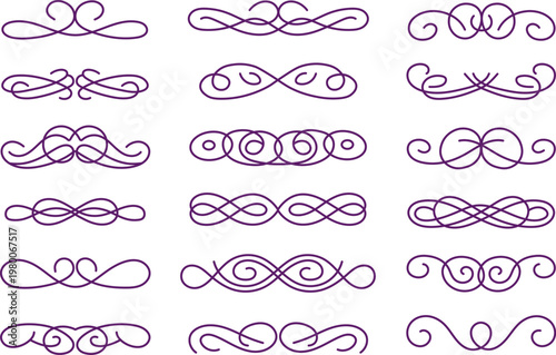 Set of purple vintage calligraphic text dividers and ornamental flourish borders