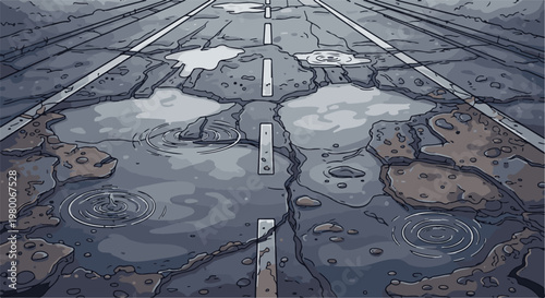 Cracked asphalt road with puddles and ripples from rain