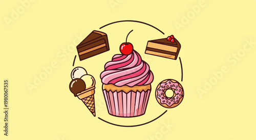 A sweet selection of desserts including cake, ice cream, and a donut