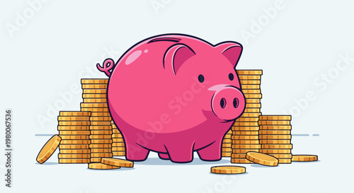A pink cartoon piggy bank sits behind stacks of gold coins