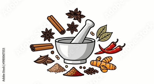 A mortar and pestle surrounded by various whole and ground spices